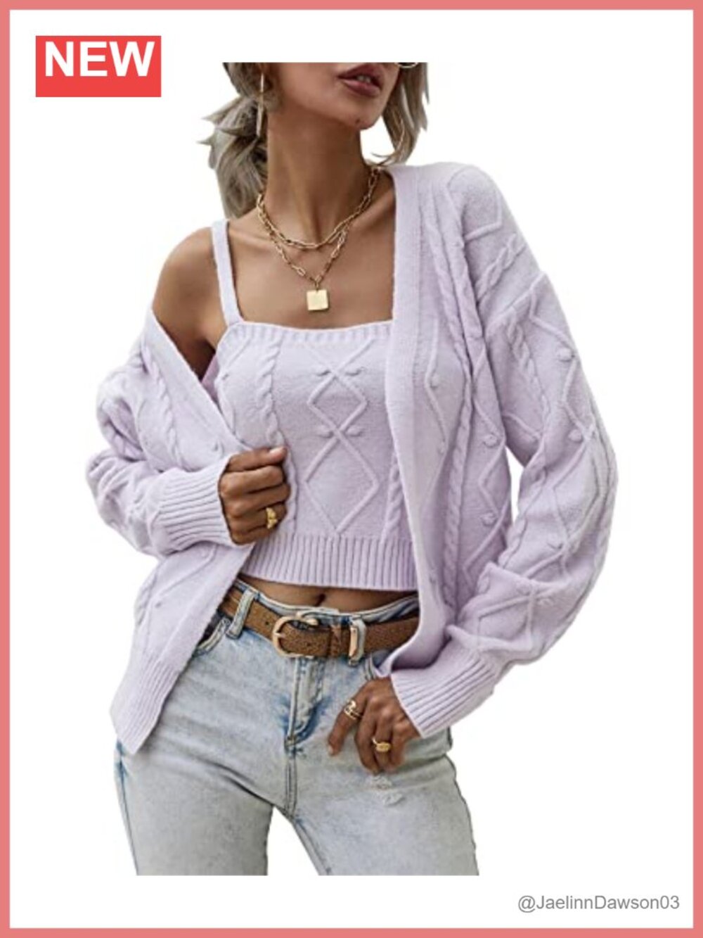 Two Piece Cable Knit Sweater Set Open Front Cardigan Crop Top